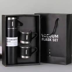 Steel Vacuum Flask Set with 3 Steel Cups (Black)
