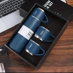 Steel Vacuum Flask Set with 3 Steel Cups (Blue)