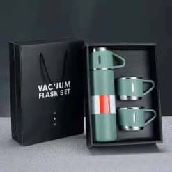 Steel Vacuum Flask Set with 3 Steel Cups (Green)